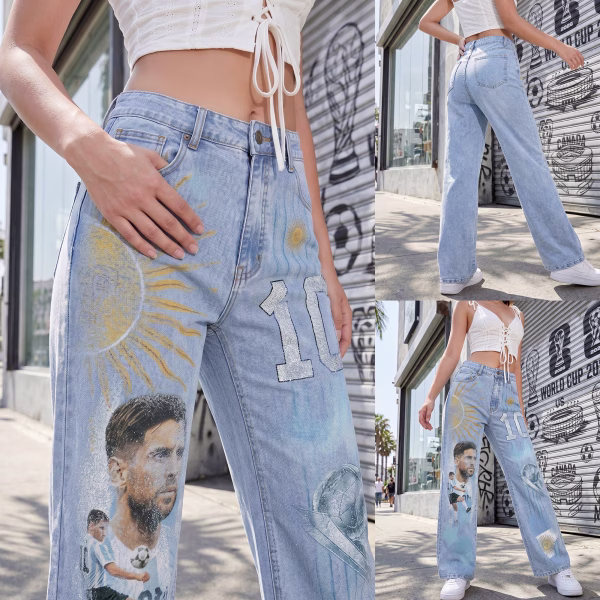 "Legend's Legacy" Argentina Soccer Tribute Wide-Leg Printed Denim Jeans collection product photo