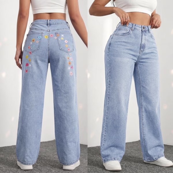 "Hidden Meadow" Floral Arch Wide-Leg Printed Denim Jeans collection product photo