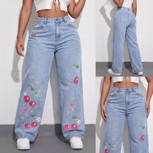 "Watercolor Cherry" Bow & Floral Wide-Leg Printed Denim Jeans collection product photo
