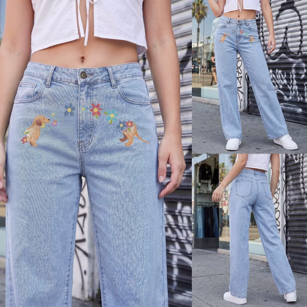 "Puppy Love" Floral Arch & Dog Wide-Leg Printed Denim Jeans collection product photo