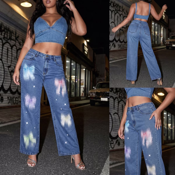"Pastel Aura" Airbrushed Bows & Pearls Wide-Leg Jeans collection product photo