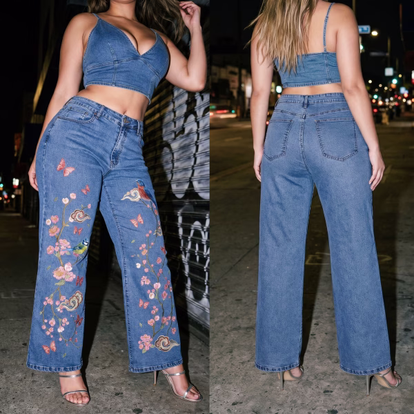 "Oriental Spring" Blossom & Bluebird Wide-Leg Printed Denim Jeans collection product photo