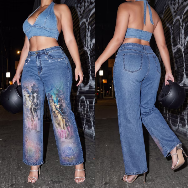 "Dreamy Cowgirl" Rhinestone & Floral Wide-Leg Printed Denim Jeans collection product photo