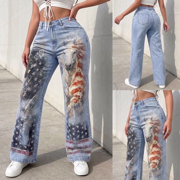 "Dreamy Cowgirl" Rhinestone & Floral Wide-Leg Printed Denim Jeans collection product photo