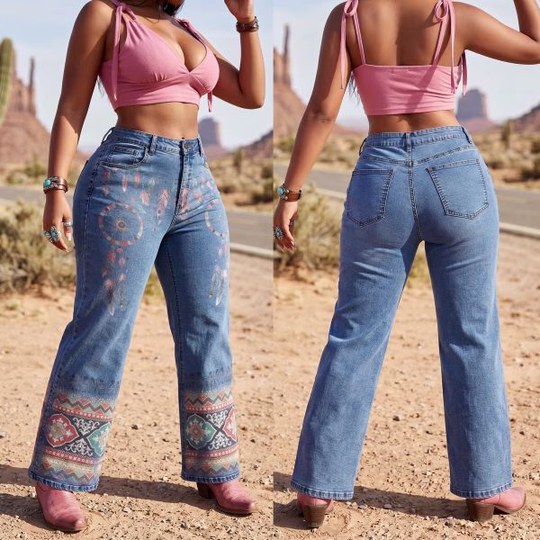 "Boho Dreamcatcher" Tribal Pattern Wide-Leg Printed Jeans collection product photo