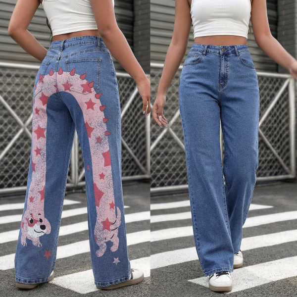 "Starry Slinky Dog" U-Shaped Back Printed Wide-Leg Jeans collection product photo