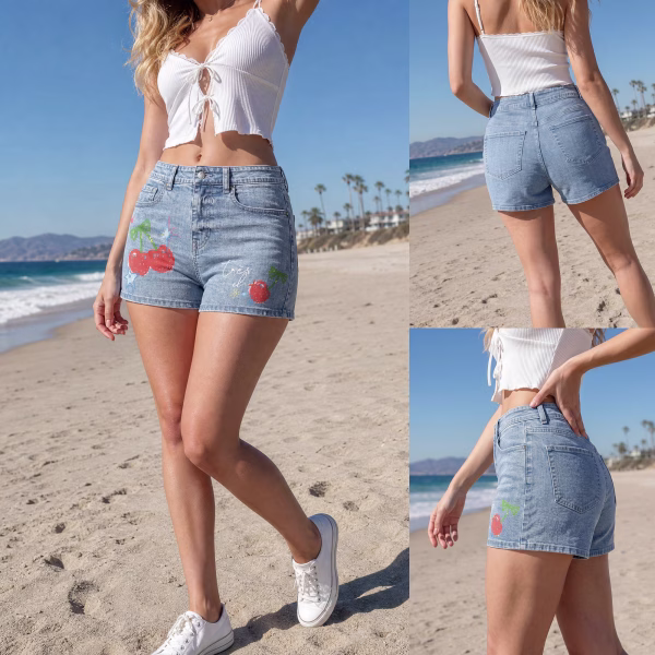 "Très Chic" Hand-Drawn Cherry Printed Denim Shorts collection product photo