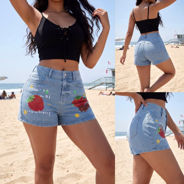 "Strange Strawberry" Dachshund & Fruit Printed Denim Shorts collection product photo