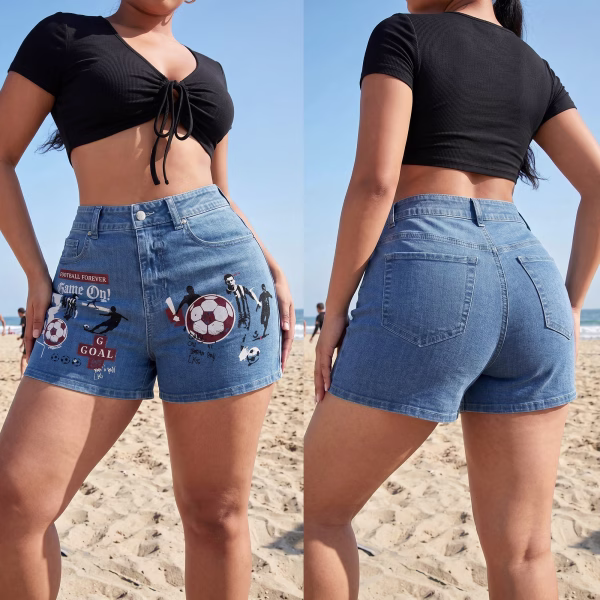 "Game On" Vintage Soccer Graphic Blokecore Denim Shorts collection product photo