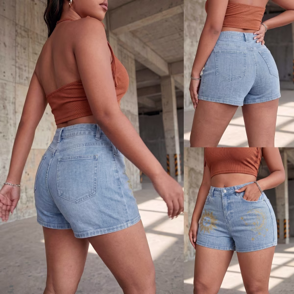 "Celestial Gold" Sun & Moon Line Art Denim Shorts collection product photo