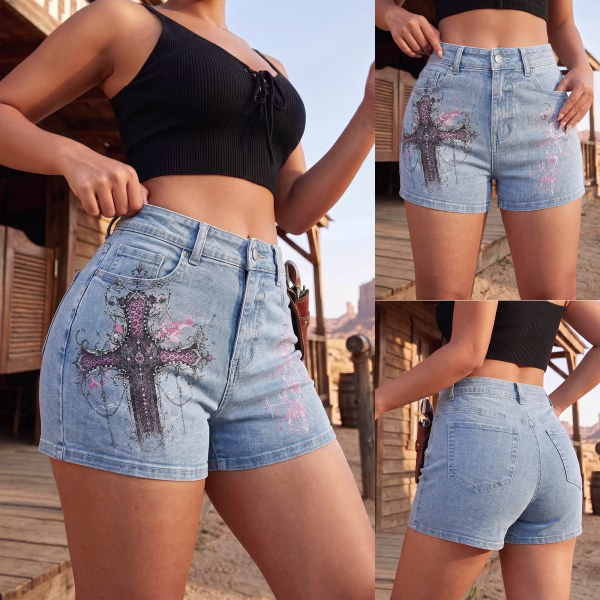 "Gothic Leopard Cross" Asymmetrical Denim Shorts collection product photo
