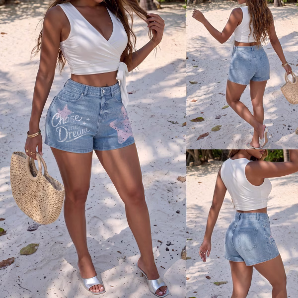 "Dream Chaser" Pastel Star & Slogan Printed Denim Shorts collection product photo