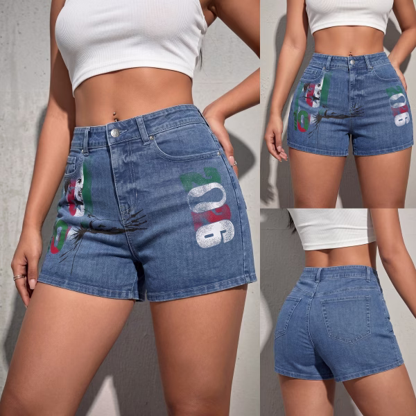 "Viva 2026" Soccer Player & Mexican Flag Printed Denim Shorts collection product photo