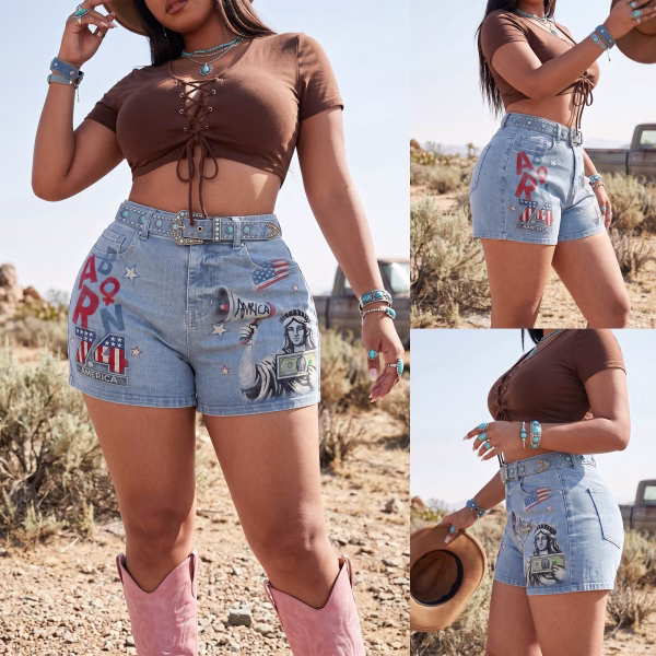 "Liberty Pop Art" Born 74 & Statue Printed Denim Shorts collection product photo