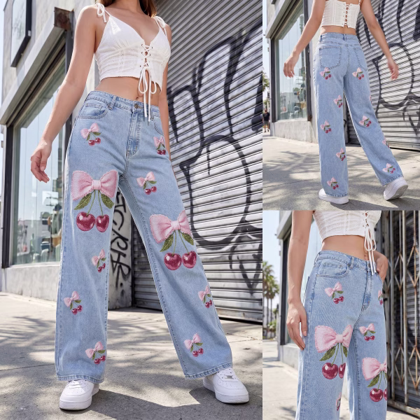 "Coquette Cherry Bow" All-Over Printed Denim Jeans collection product photo
