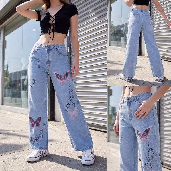 "Fairycore Dreams" Butterfly & Mystic Charms Wide-Leg Printed Denim Jeans collection product photo