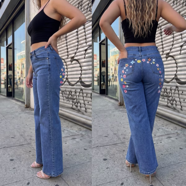 "Hidden Meadow" Floral Arch Wide-Leg Printed Denim Jeans collection product photo