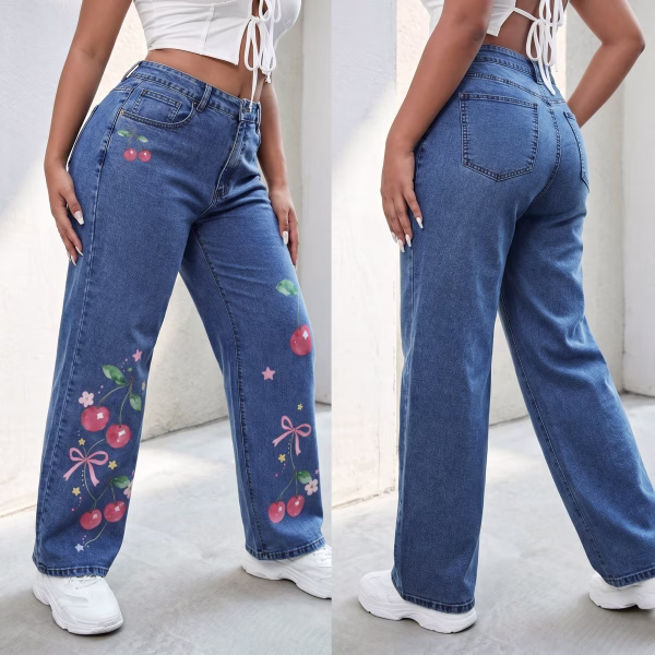 "Watercolor Cherry" Bow & Floral Wide-Leg Printed Denim Jeans collection product photo