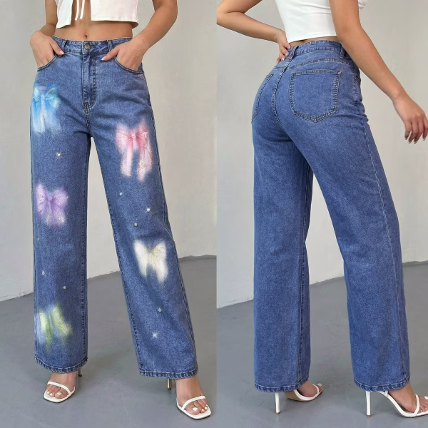 "Pastel Aura" Airbrushed Bows & Pearls Wide-Leg Jeans collection product photo
