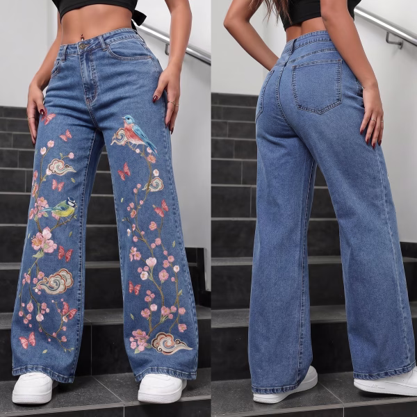 "Oriental Spring" Blossom & Bluebird Wide-Leg Printed Denim Jeans collection product photo