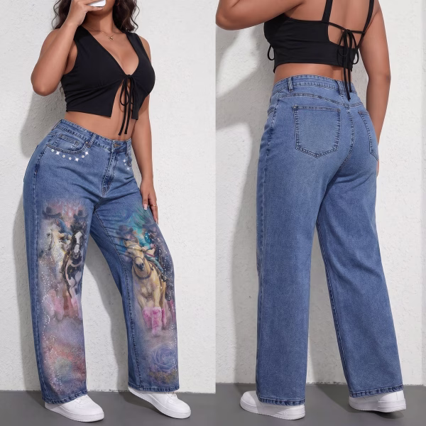 "Dreamy Cowgirl" Rhinestone & Floral Wide-Leg Printed Denim Jeans collection product photo