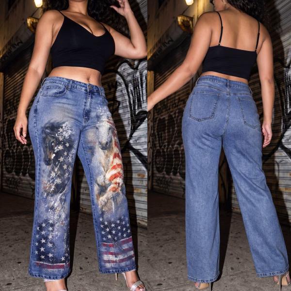 "Dreamy Cowgirl" Rhinestone & Floral Wide-Leg Printed Denim Jeans collection product photo