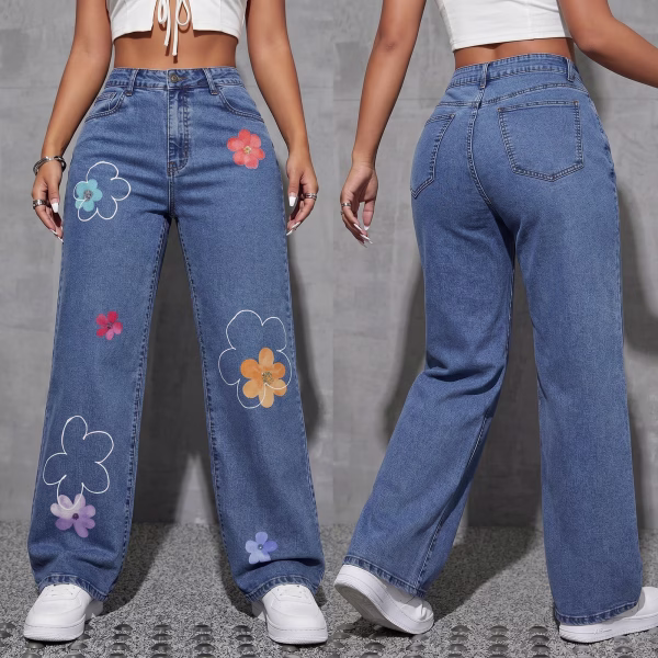 "Daydream Doodle" Hand-Drawn Floral Wide-Leg Printed Jeans collection product photo