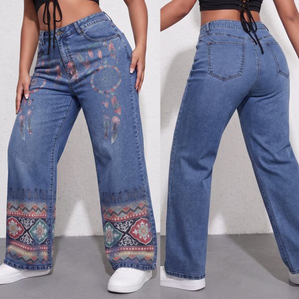 "Boho Dreamcatcher" Tribal Pattern Wide-Leg Printed Jeans collection product photo