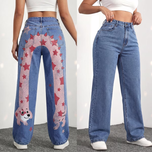 "Starry Slinky Dog" U-Shaped Back Printed Wide-Leg Jeans collection product photo