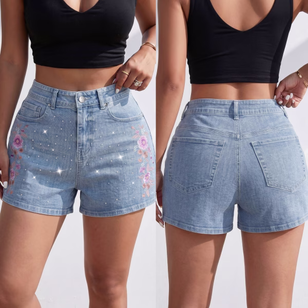 "Fairy Sparkle" Floral & Rhinestone Printed Denim Shorts collection product photo