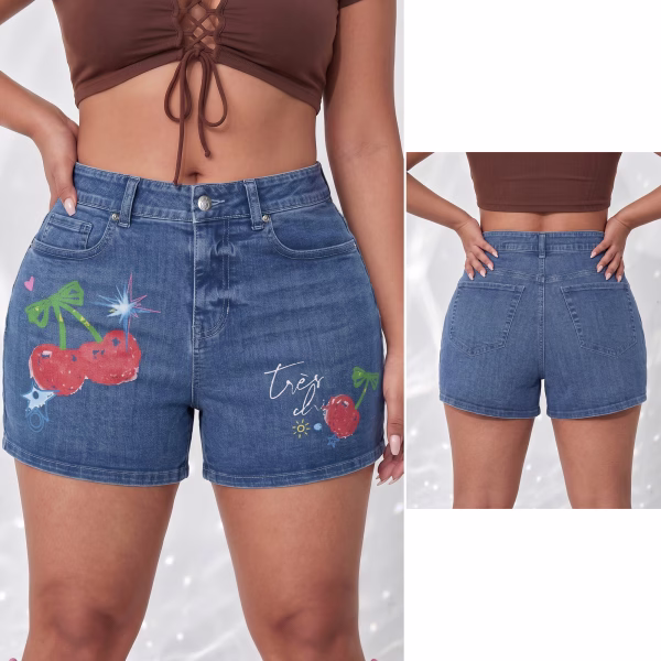 "Très Chic" Hand-Drawn Cherry Printed Denim Shorts collection product photo