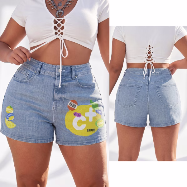 "Vitamin C+" Lemon Sticker Pop-Art Denim Shorts collection product photo