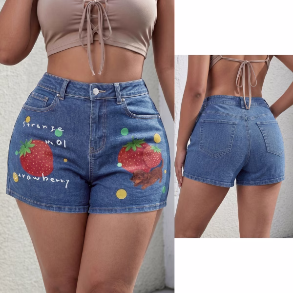 "Strange Strawberry" Dachshund & Fruit Printed Denim Shorts collection product photo