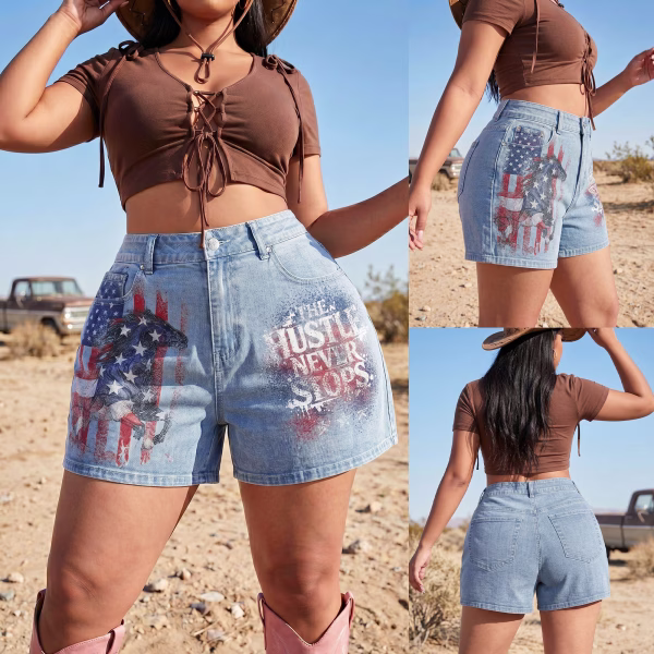 "American Hustle" Flag Horse & Slogan Printed Denim Shorts collection product photo