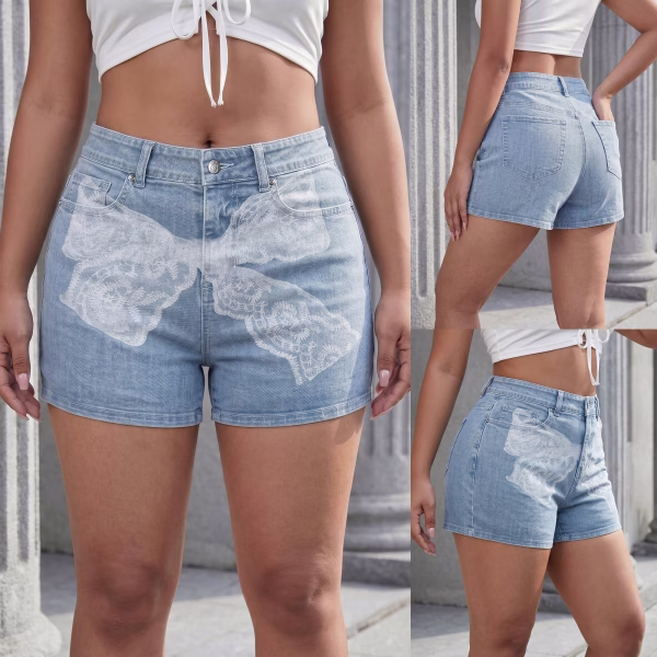 "Lace Illusion" Oversized Bow Printed Denim Shorts collection product photo