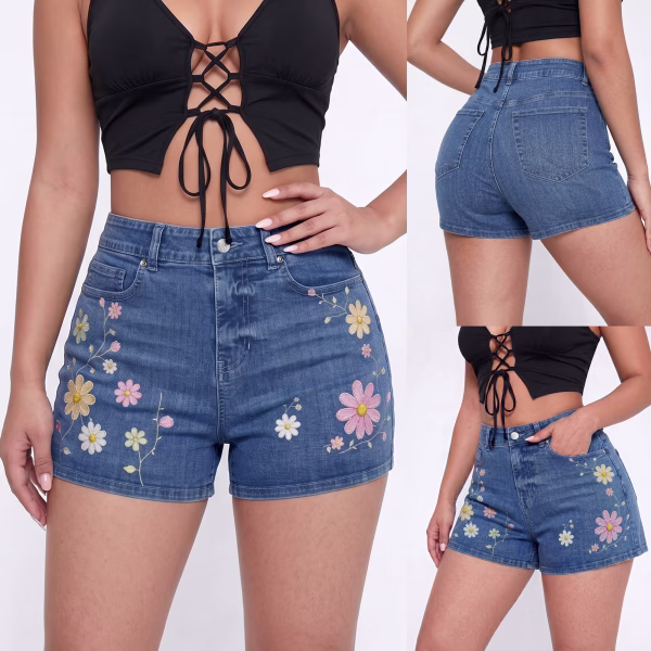 Floral Vine Printed Denim Shorts collection product photo