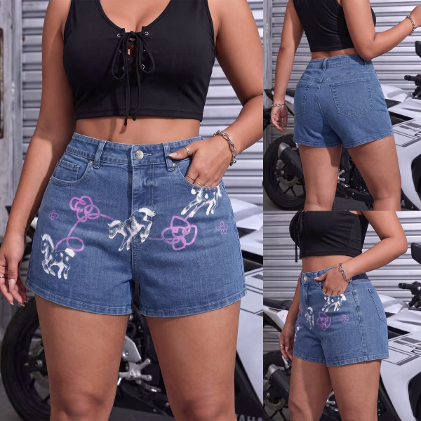 "Pixel Pony & Pink Doodle" Printed Denim Shorts collection product photo