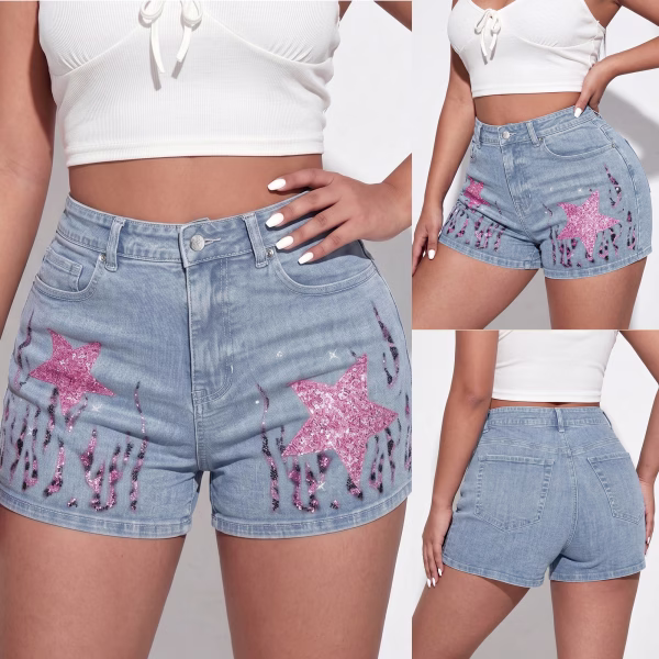 "Glitter Star & Tribal Flame" Printed Denim Shorts collection product photo