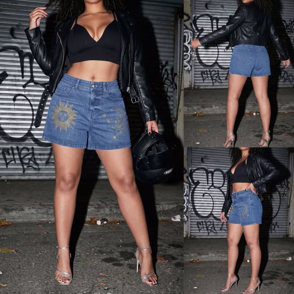 "Celestial Gold" Sun & Moon Line Art Denim Shorts collection product photo