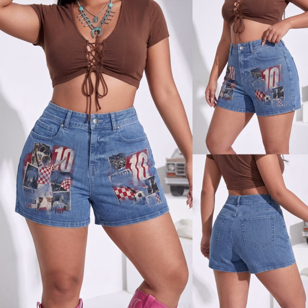 "Croatia No. 10" Vintage Soccer Collage Denim Shorts collection product photo