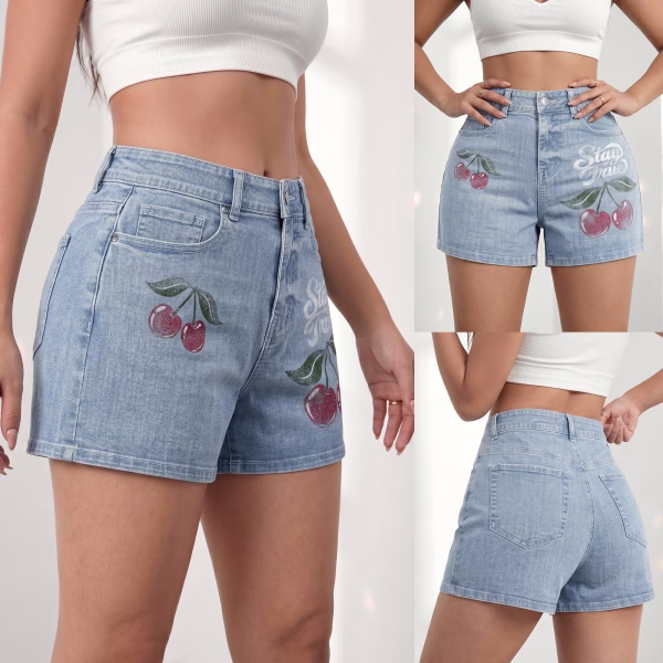 "Stay True" Vintage Cherry Printed Denim Shorts collection product photo