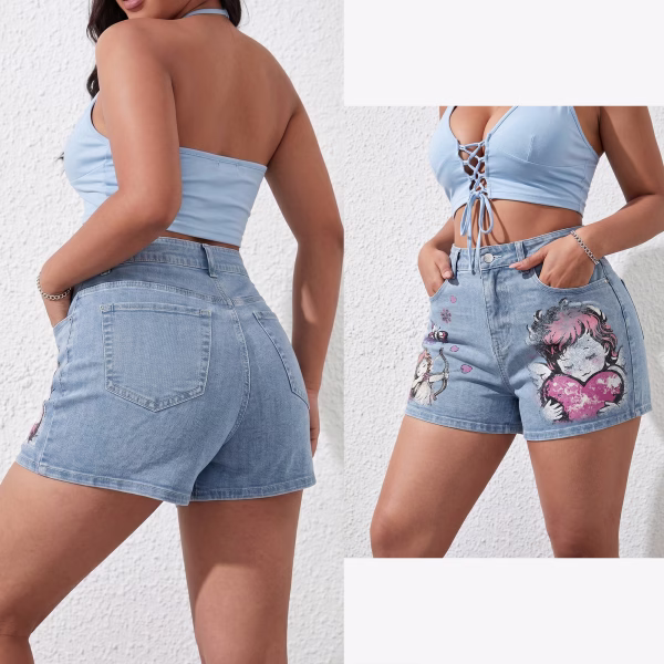 "Cupid's Bow" Vintage Angel & Heart Printed Denim Shorts collection product photo