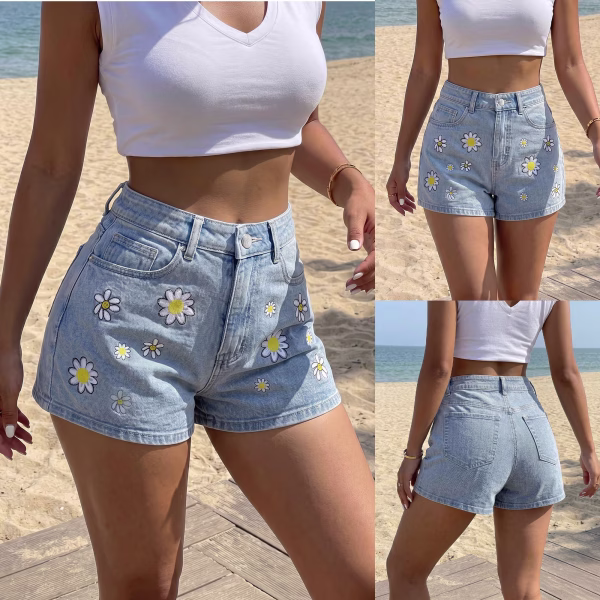 "Smiley Daisy" Scattered Floral Print Denim Shorts collection product photo