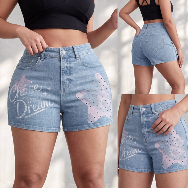 "Dream Chaser" Pastel Star & Slogan Printed Denim Shorts collection product photo