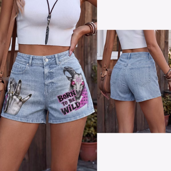"Born to be Wild" Gothic Skull & Rock Hand Printed Denim Shorts collection product photo