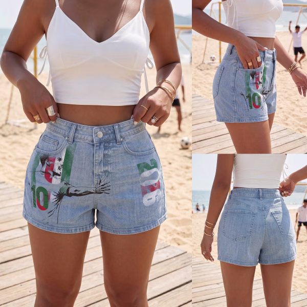"Viva 2026" Soccer Player & Mexican Flag Printed Denim Shorts collection product photo