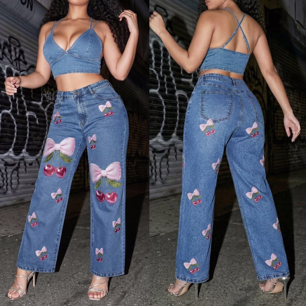 "Coquette Cherry Bow" All-Over Printed Denim Jeans collection product photo