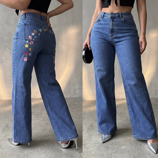 "Hidden Meadow" Floral Arch Wide-Leg Printed Denim Jeans collection product photo