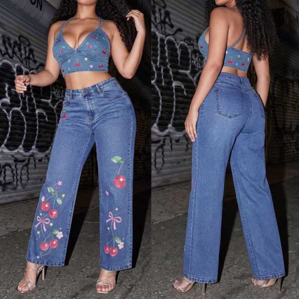 "Watercolor Cherry" Bow & Floral Wide-Leg Printed Denim Jeans collection product photo