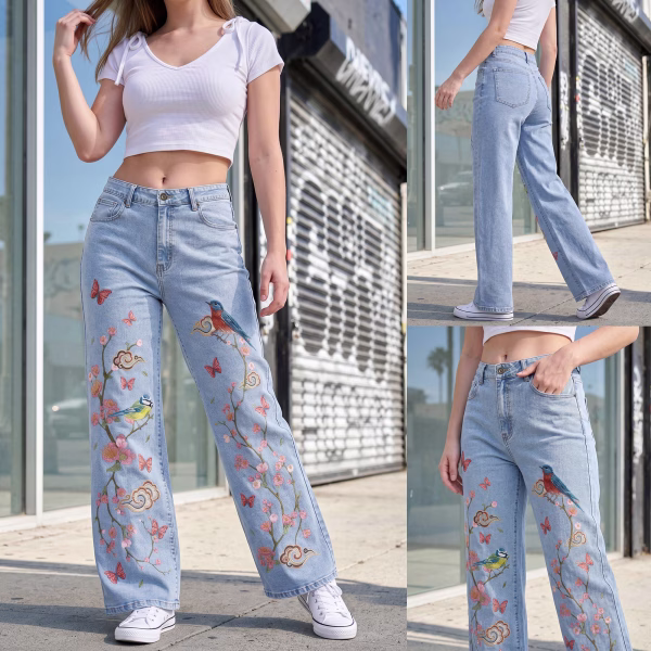 "Oriental Spring" Blossom & Bluebird Wide-Leg Printed Denim Jeans collection product photo